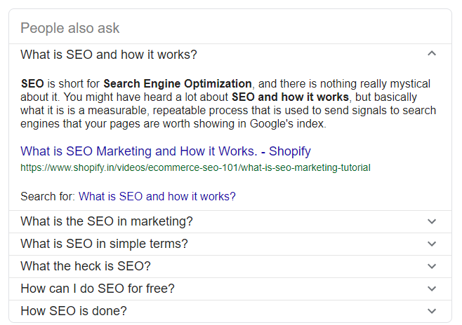 Example of the 'people also ask' SERP feature - showing a question about SEO and how it works