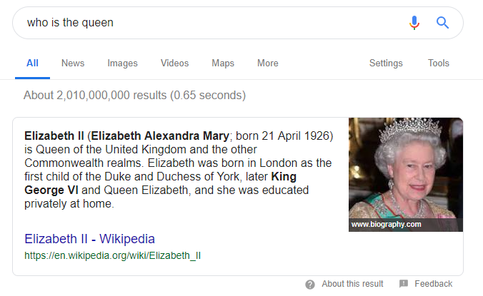 Example of featured snippet SERP feature - who is the queen