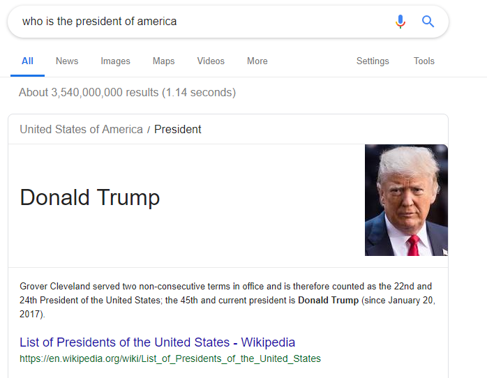 Direct answer box SERP feature example showing the President of America