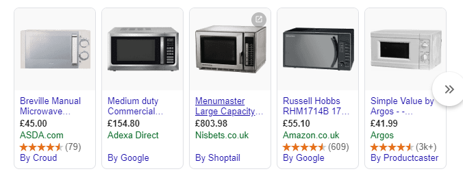 Example of the shopping results SERP feature showing microwaves
