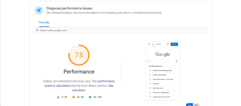 Google Page Speed Insights Performance Score