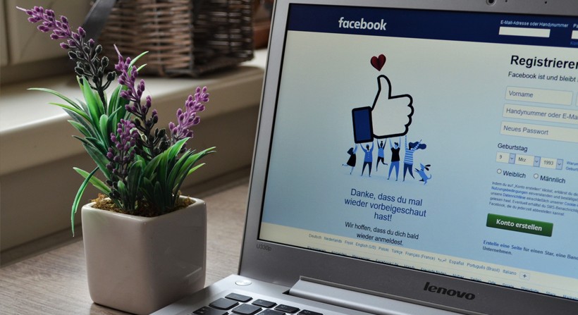 The Facebook login website page on a laptop, next to a lavender plant 