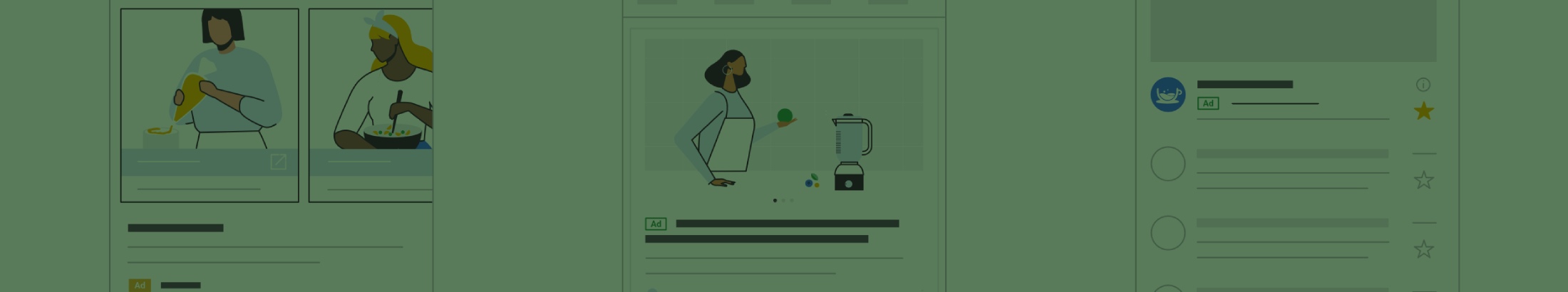 An image showing three different paid ad types displayed on smartphone illustrations