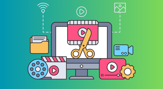 A graphic showing scissors cutting into a digital video reel