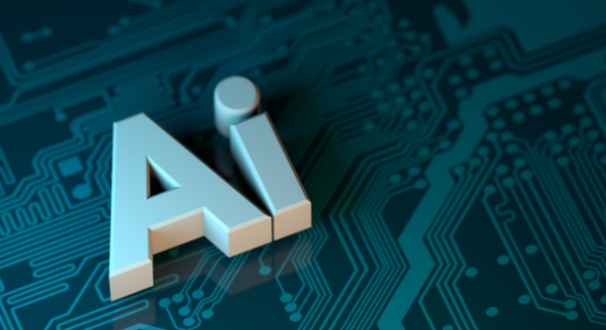 Ai in 3D letters on a blue, computer chip background.