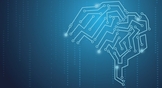 The image of a brain drawn out with circuit lines on a glowing blue backdrop.