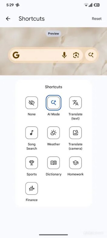 Google Shortcuts AI Mode button