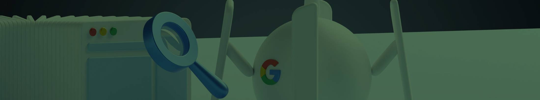 A robot with the Google 'G' logo with a magnifying glass searching through an index