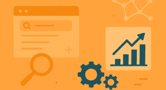 Flat-style graphic of search interface, gears, and a rising chart on an orange background symbolising algorithm updates and SEO trends.