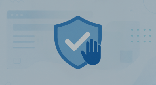 Illustration of a blue shield with a white checkmark and a raised blue hand symbol