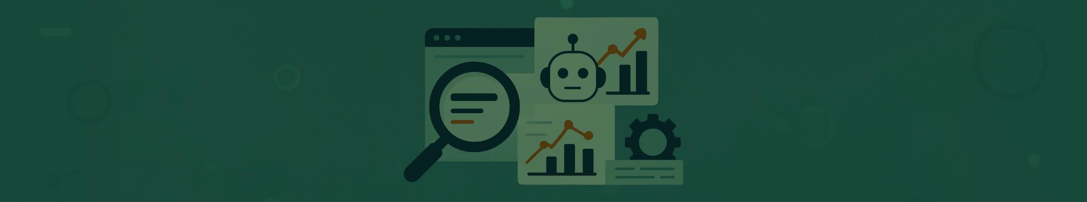Illustration of search and AI concepts featuring a magnifying glass, robot icon, and charts on a blue background.
