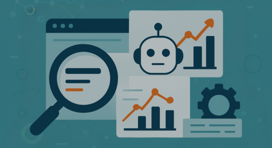 Illustration of search and AI concepts featuring a magnifying glass, robot icon, and charts on a blue background.