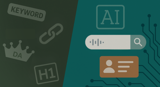 Icons representing new and old SEO staples split by a green and grey backdrop