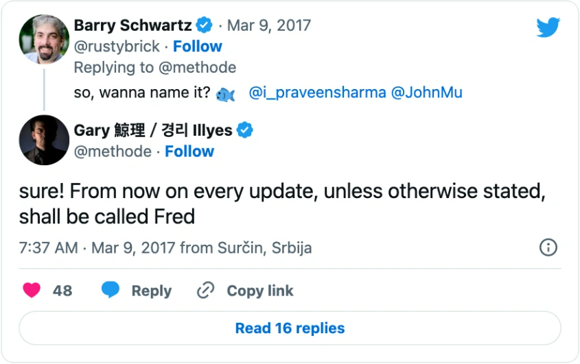 Gary Illyes' social post coining Fred
