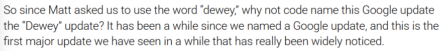 Screenshot from article in which the update name Dewey was coined