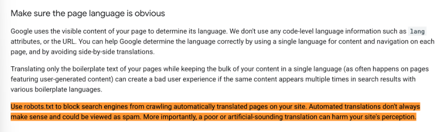 Screenshot of Google's multilingual site guidance with the removed paragraph highlighted