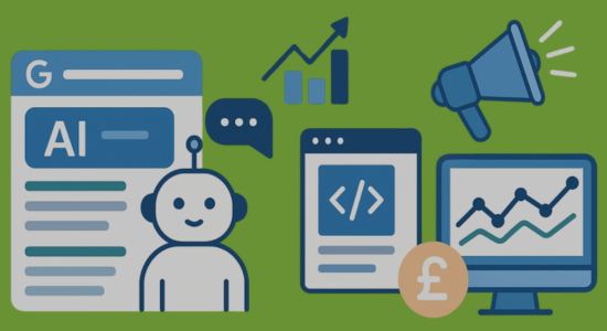 Flat-style digital illustration showing AI, chatbot, code, analytics, and marketing icons to represent search industry updates.