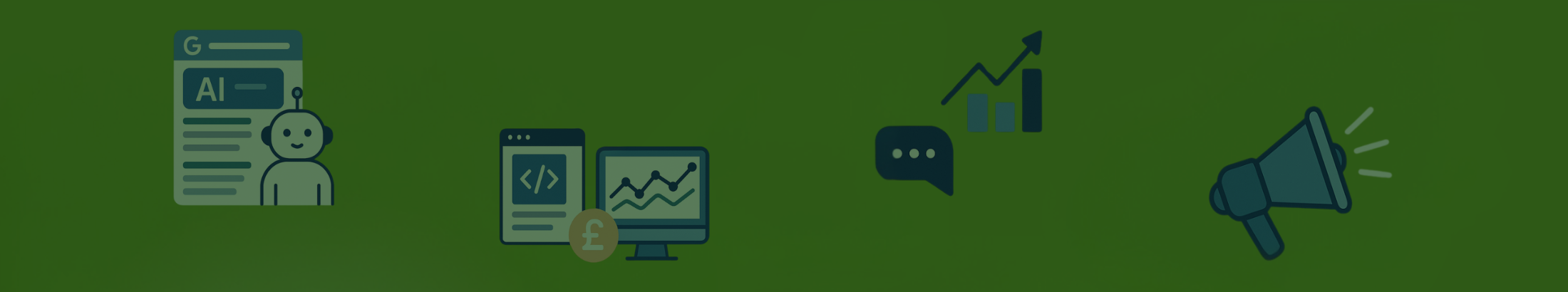 Flat-style digital illustration showing AI, chatbot, code, analytics, and marketing icons to represent search industry updates.
