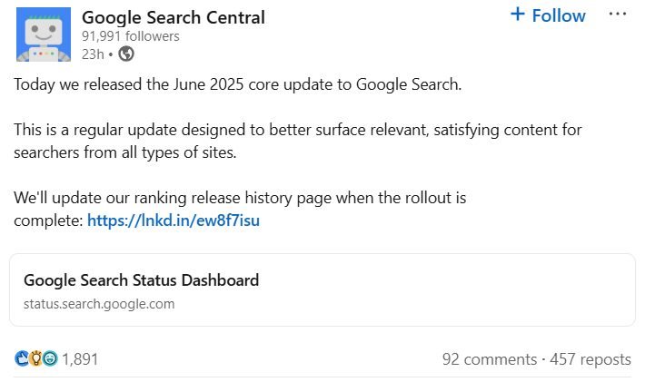 Google's social post explaining the focus of the June 2025 core update