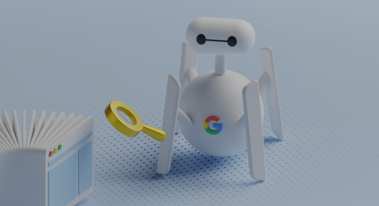 A robot with the Google 'G' on it's body, wielding a floating magnifying glass to search through an index