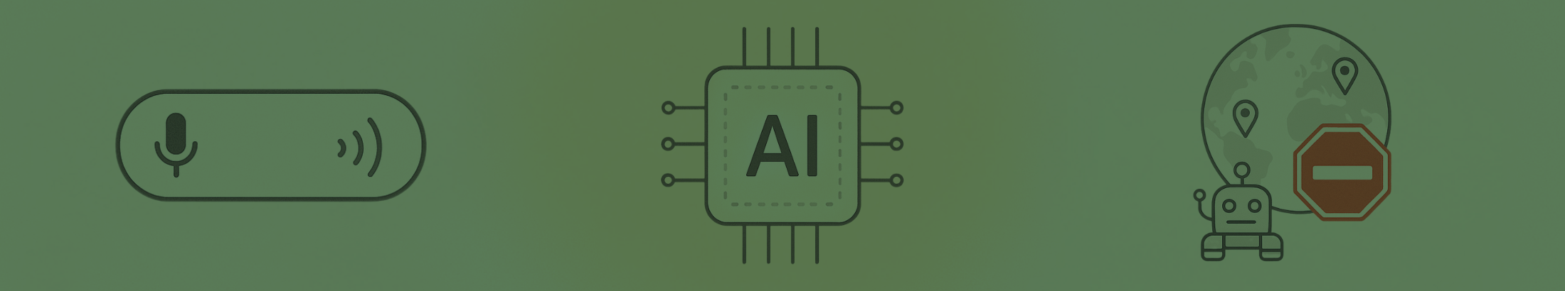 A minimalist graphic illustration featuring a voice search bar, an AI chip, and a robot with a blocked symbol
