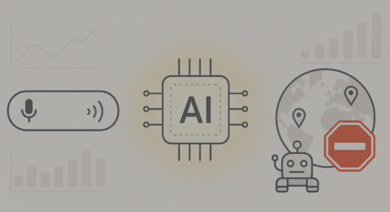 A minimalist graphic illustration featuring a voice search bar, an AI chip, and a robot with a blocked symbol