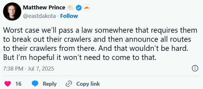 Matthew Prince social post stating Cloudflare will take legal action to force Google to provide publishers a way to prevent AI Overviews from accessing their content