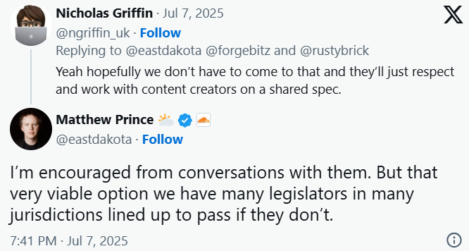 A follow up post from Matthew Prince saying talks are going well with Google, but that passing a law to bring them to the table is a viable option