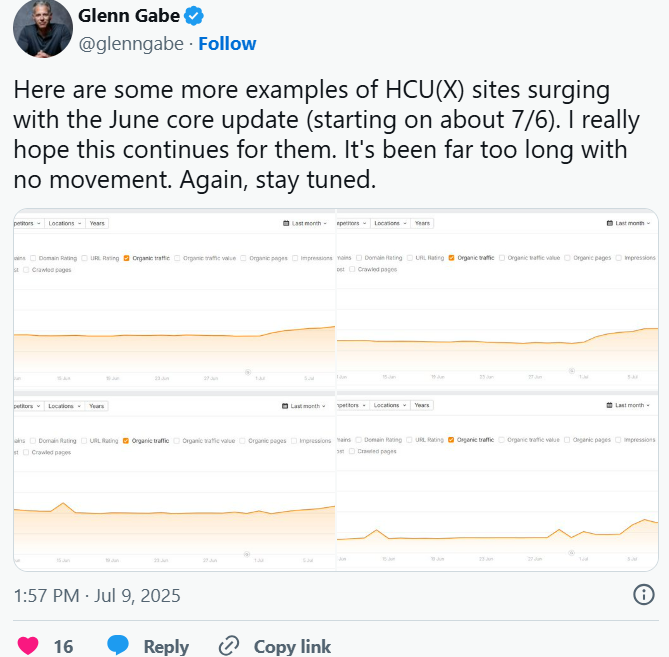 Glenn Gabe X posts illustrating the progress some HCU sites are making 