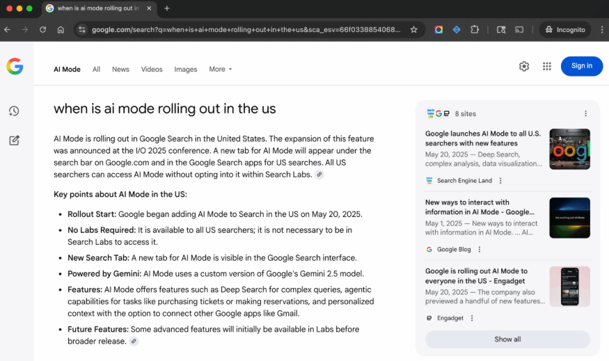 Example of AI Mode desktop UI