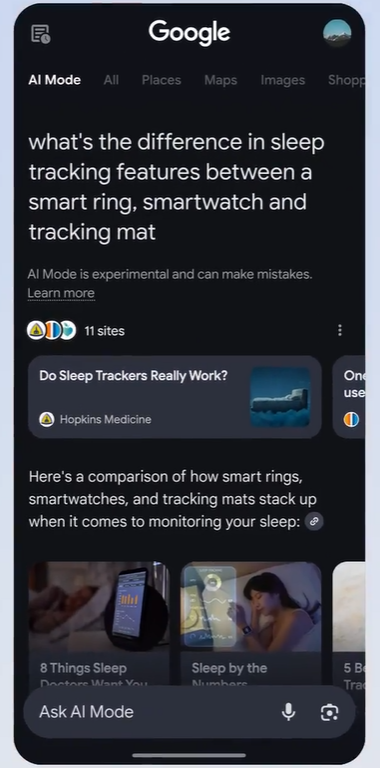 Screen shot of Google video of AI Mode on mobile