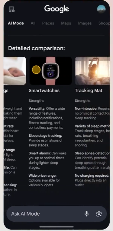 Further down the page for the AI Mode search screenshotted above