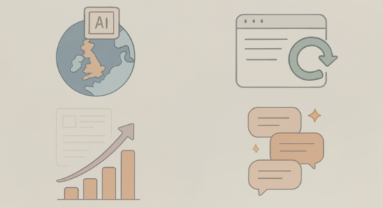 A flat-style digital illustration showing a globe with the UK highlighted and an AI chip, a web page refresh icon, stacked speech bubbles with sparkles, and an upward-trending bar chart — all in soft pastel tones with thin gray outlines on a light beige background.