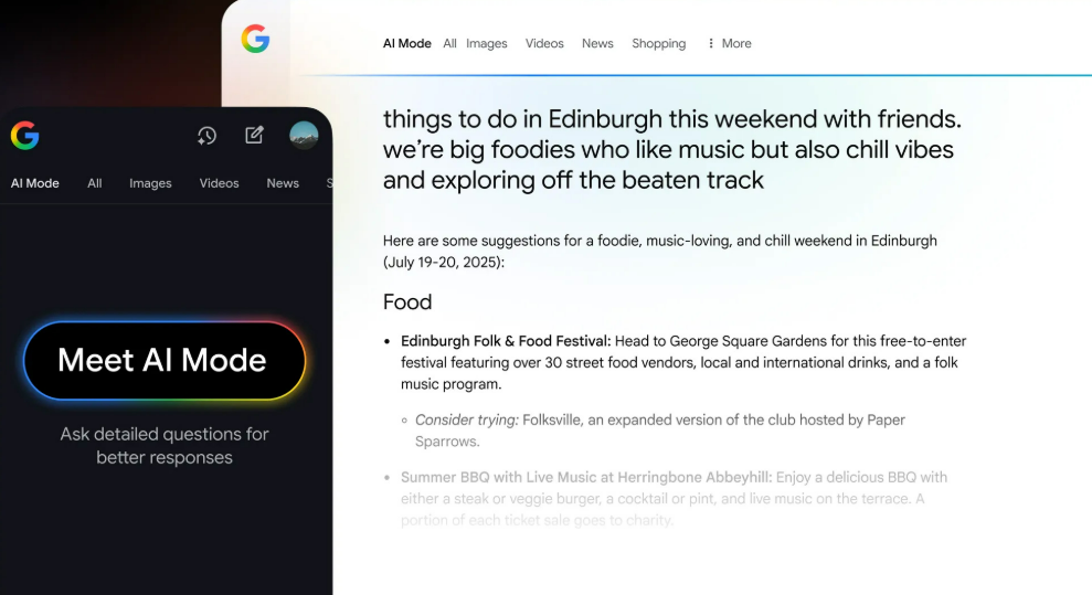 Google's example of AI Mode featuring a smartphone UI and a larger results page