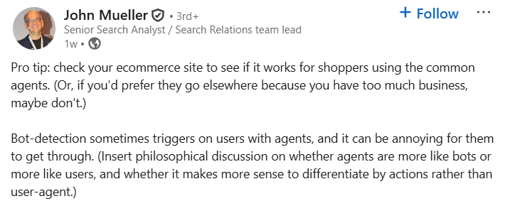John Mueller's social post advising ecommerce site owners to make sure their sites are discoverable to agentic AI