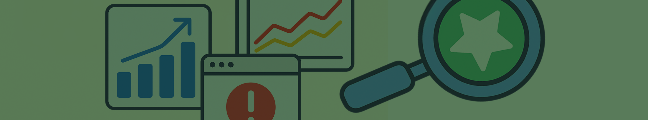 Flat-style infographic with charts, a warning icon, and a magnifying glass symbolizing August 2025 search industry updates - with a green filter
