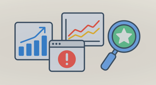Flat-style infographic with charts, a warning icon, and a magnifying glass symbolizing August 2025 search industry updates.