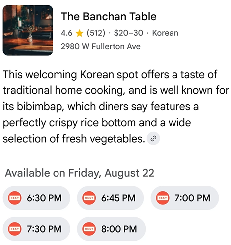 A screenshot of one of the cards AI Mode serves in response to a restaurant reservation query