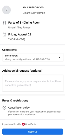 A screenshot of the reservation confirmation menu in AI Mode