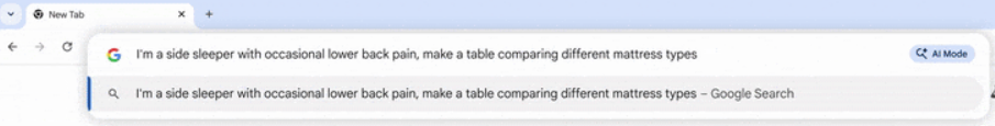 A screenshot of the Chrome search bar with an AI Mode button