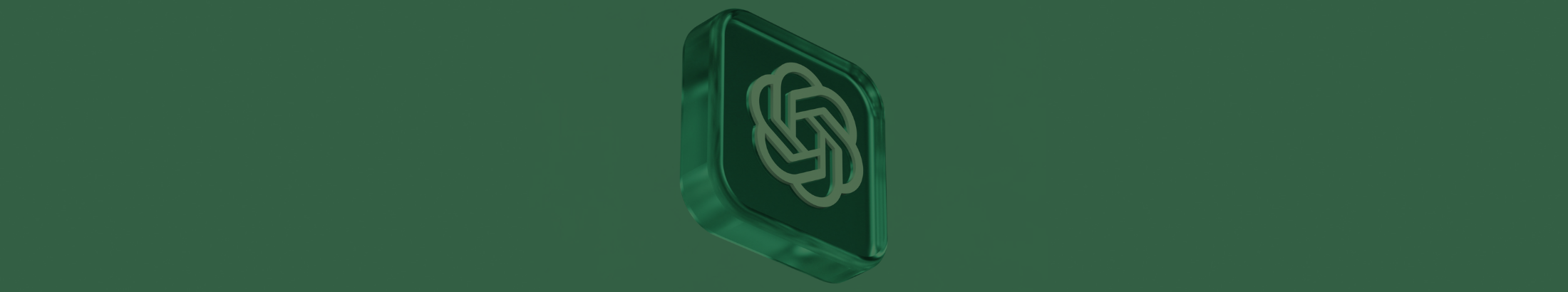 The ChatGPT logo in white on a translucent, teal, 3D tile rotated slightly against a dark teal background