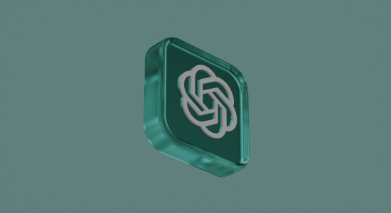 The ChatGPT logo in white on a translucent, teal, 3D tile rotated slightly against a dark teal background