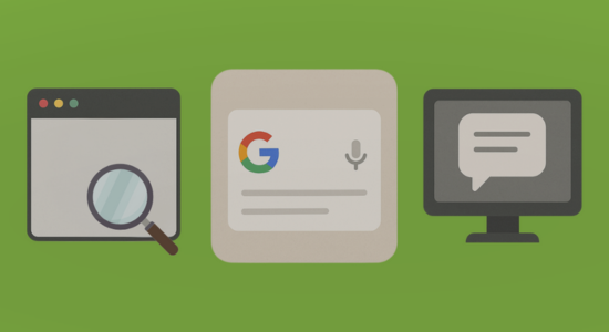 Three search-related flat-style illustrations against a green background.