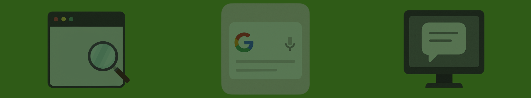 Three search-related flat-style illustrations against a green background.