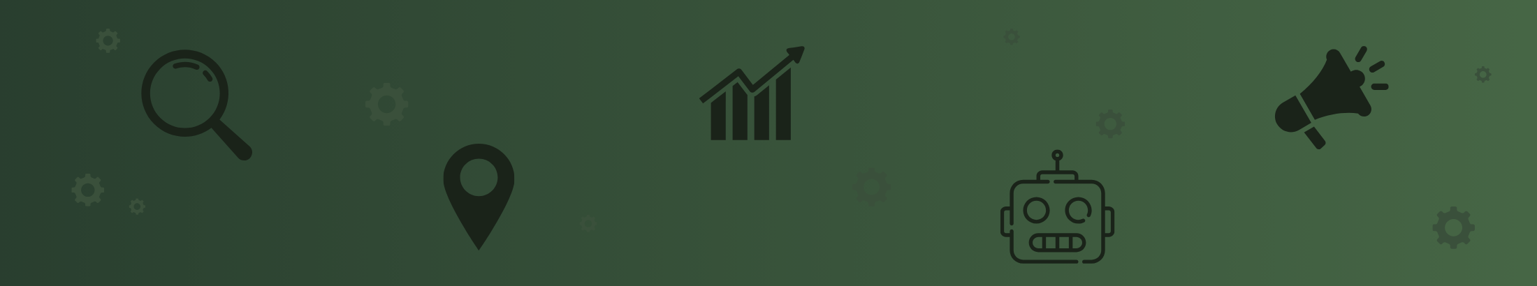 A grey gradient banner with search-related flatstyle illustrations, including a robot's head, a megaphone, a map pin, a magnifying glass, and a bar chart - with multiple small cog illustrations as embellishments.