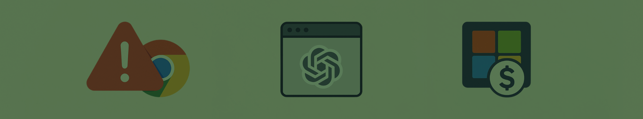 Flat-style illustration showing three icons: a Chrome warning symbol, an OpenAI browser window, and a Microsoft logo with a dollar sign, on a pale background.