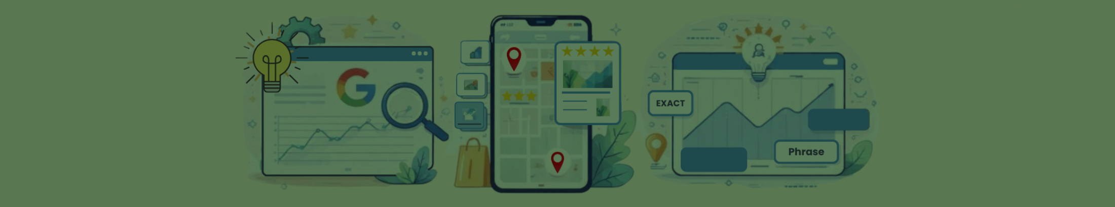 Flat-style illustration showing Google algorithm updates, Gemini local search results, and AI-driven Google Ads keyword matching.