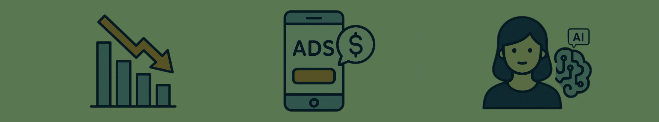 Flat-style illustration showing a declining CTR chart, a smartphone representing ads in ChatGPT, and an AI agent icon on a pale background.