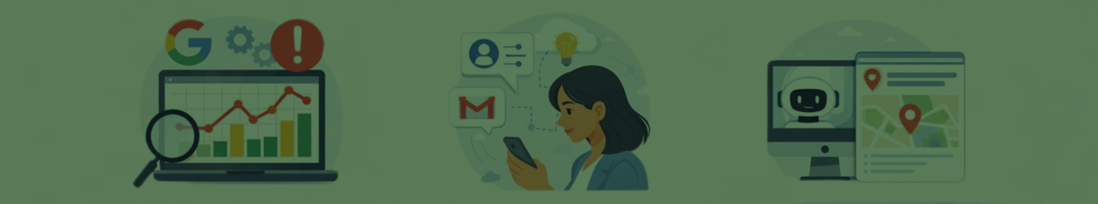 Three flat-style illustrations showing a Google search update dashboard, AI personalisation on mobile, and ChatGPT local results, on a pale professional background.