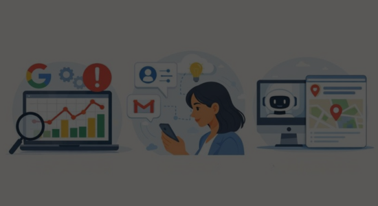 Three flat-style illustrations showing a Google search update dashboard, AI personalisation on mobile, and ChatGPT local results, on a pale professional background.